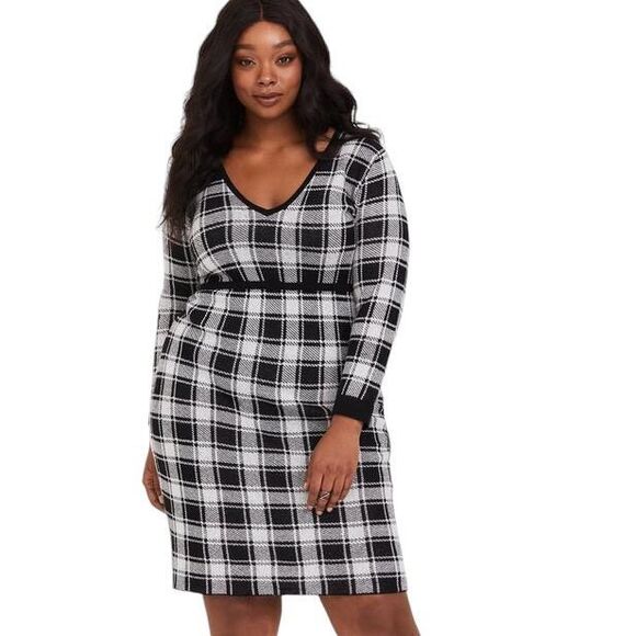 Torrid Plus Size 2X Dress Plaid Bodycon Sweater Dress Black White Knee‎ 969 - Picture 3 of 16